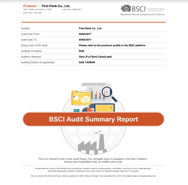 BSCI Overall Rating A, DBID 25607 FIRST RANK CO., LTD. validity 2 years